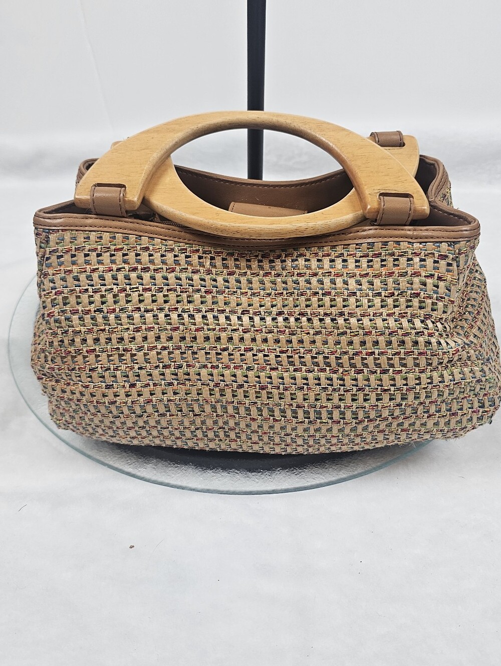 Fossil Raffia Straw Woven Boho Bag Purse Wooden‎ Handles Leather Trim - Picture 6 of 6